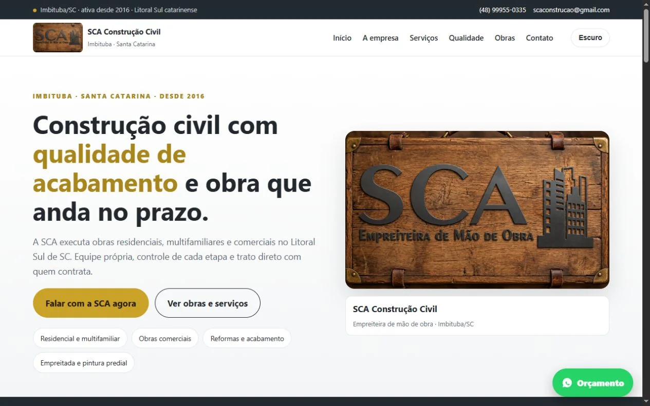 Página inicial do site da SCA Construção Civil