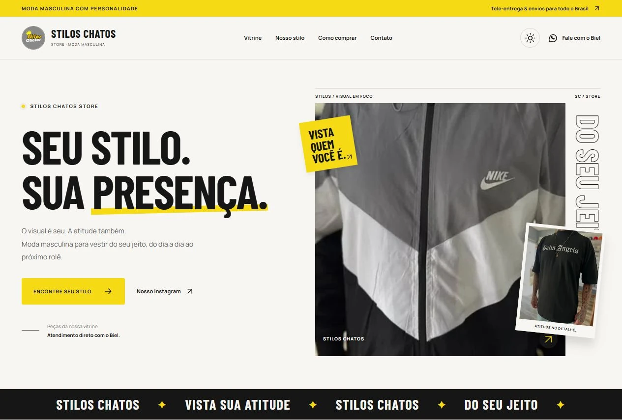 Página inicial da Stilos Chatos Store, com identidade amarela e preta e fotos reais das peças